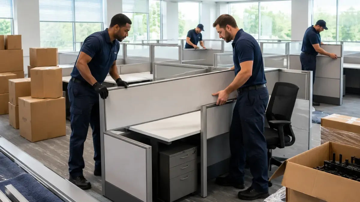 Professional office furniture movers installing cubicles and workstations during a corporate relocation in New Jersey.