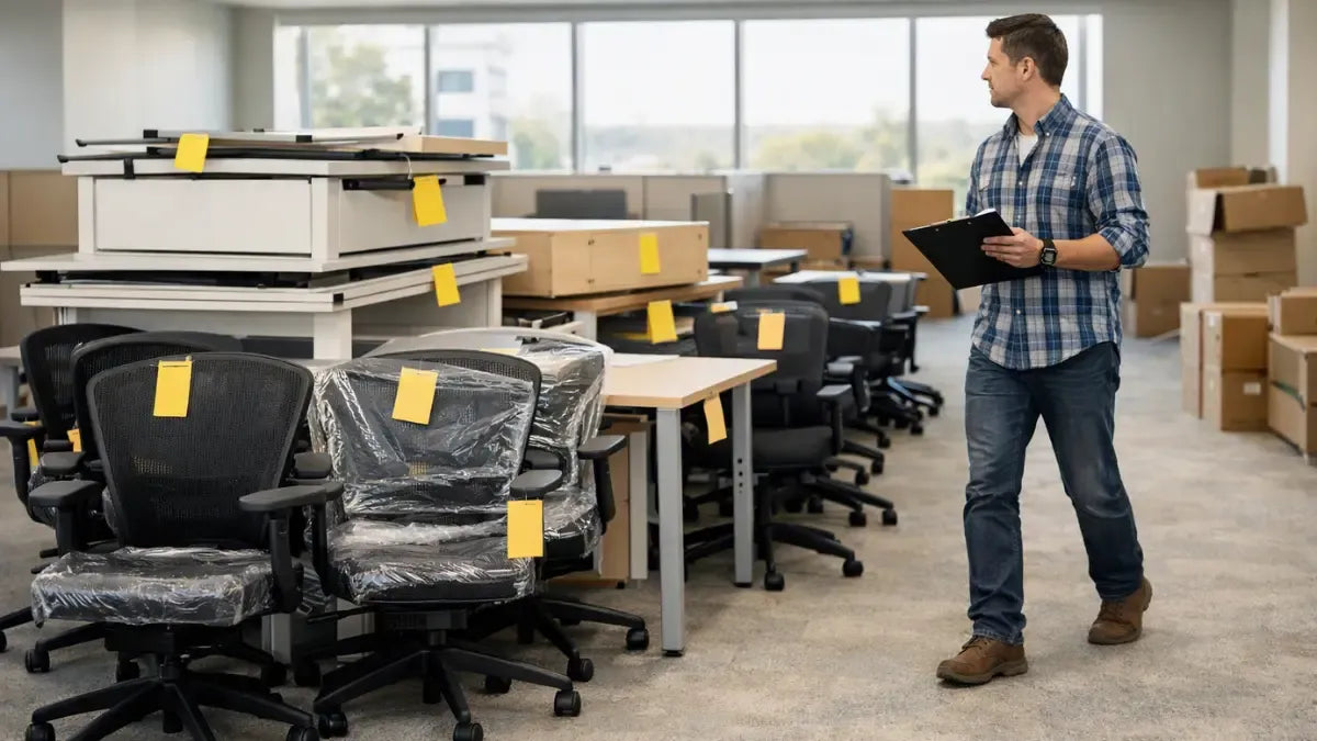Office manager reviewing desks and chairs for resale in an NJ office being cleared out