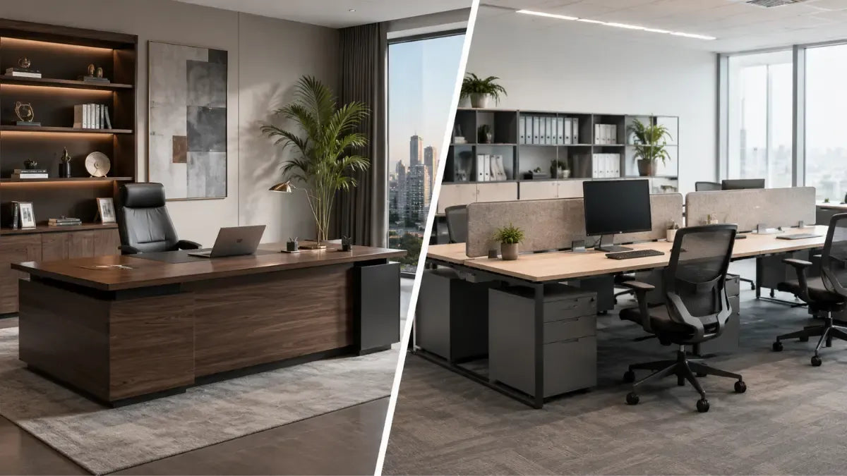 Executive desk and office workstation compared in a professional workspace.