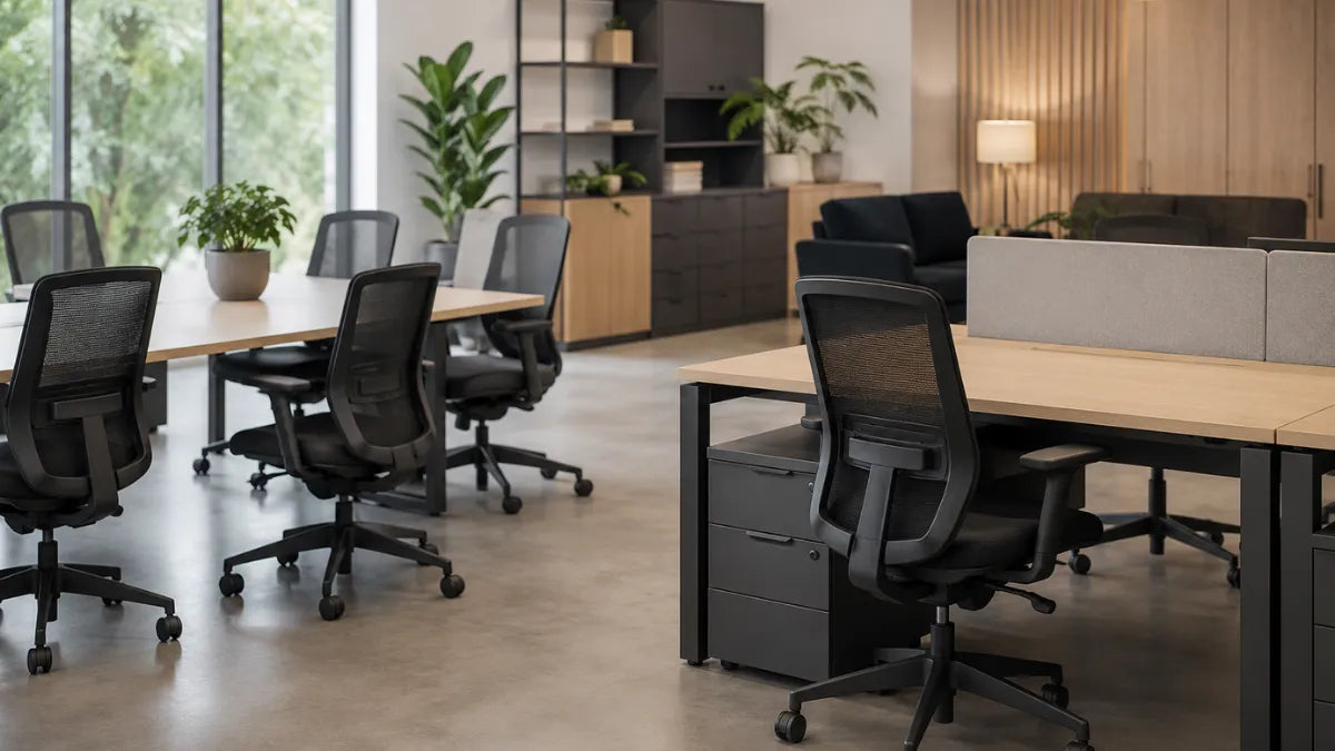 Modern office workspace featuring ergonomic office chairs, desks, and pre-owned office furniture for small businesses.
